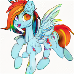 Size: 256x256 | Tagged: safe, ai model:aerial, derpibooru original, machine learning generated, character:rainbow dash, species:pegasus, species:pony, candy gore, gore, looking at you, simple background, white background