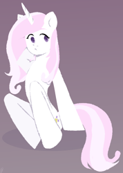 Size: 1200x1684 | Tagged: safe, artist:renka2802, character:fleur-de-lis, species:pony, species:unicorn, colored pupils, cute, female, fleurabetes, hooves behind head, mare, no catchlights, purple background, simple background, sitting, solo