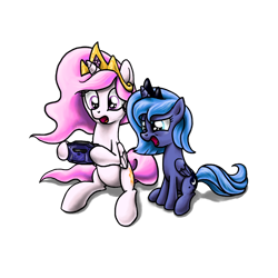 Size: 1080x1080 | Tagged: safe, artist:myminiatureequine, character:princess celestia, character:princess luna, species:pony, cewestia, cute, filly, frown, game boy, game boy advance, glare, hoof hold, nintendo, open mouth, pink-mane celestia, s1 luna, sitting, video game, wide eyes, woona, younger