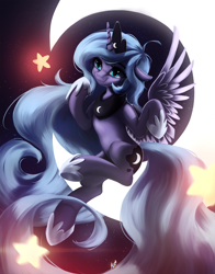 Size: 2474x3154 | Tagged: safe, artist:fluttersheeeee, character:princess luna, species:alicorn, species:pony, g4, crescent moon, crown, cute, female, high res, hoof shoes, jewelry, lunabetes, mare, moon, night, regalia, s1 luna, smiling, solo, stars