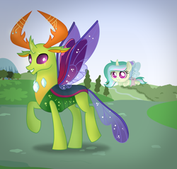 Size: 3152x3000 | Tagged: safe, artist:alizeethepony2008, character:thorax, oc, species:changeling, species:changepony, species:reformed changeling, father and daughter, female, flying, male, nymph, papa thorax