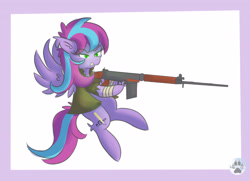 Size: 3500x2532 | Tagged: safe, artist:lycania29, oc, species:pegasus, species:pony, fallout equestria, clothing, fallout, fallout 4, female, fn fal, gun, request, simple background, solo, weapon