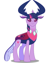 Size: 800x1020 | Tagged: source needed, safe, artist:damiranc1, edit, character:thorax, character:twilight sparkle, character:twilight sparkle (alicorn), species:alicorn, species:changeling, species:pony, species:reformed changeling, antlers, changedlingified, changeling queen, changelingified, female, palette swap, recolor, simple background, smiling, solo, species swap, transparent background, vector, vector edit