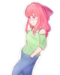 Size: 2000x2500 | Tagged: safe, artist:rmariansj, character:apple bloom, my little pony:equestria girls, clothing, female, hands in pockets, long hair, older, older apple bloom, pants, redraw, simple background, smiling, solo, teenager, traditional art, transparent background