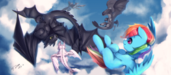 Size: 4920x2160 | Tagged: safe, artist:theprince, character:rainbow dash, species:dragon, species:pegasus, species:pony, spoilers for another series, absurd resolution, cloud, crossover, cute, dashabetes, female, flying, four wings, how to train your dragon, how to train your dragon 3, light fury, mare, multiple wings, night fury, sky, toothless the dragon, wings