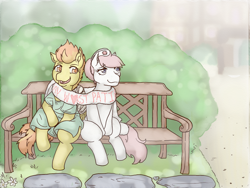 Size: 1000x750 | Tagged: safe, artist:lavilovi, character:nurse redheart, character:spitfire, species:pony, bench, clothing, female, lesbian, outdoors, scarf, shared clothing, shared scarf, shipping, sitting, smiling