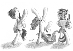 Size: 1415x1000 | Tagged: safe, artist:poldekpl, character:dj pon-3, character:pinkie pie, character:vinyl scratch, oc, species:pony, accordion, bipedal, dancing, musical instrument, pencil drawing, traditional art