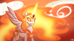 Size: 1920x1080 | Tagged: safe, artist:purplegrim40, character:daybreaker, character:princess celestia, species:alicorn, species:pony, female, glowing eyes, helmet, mane of fire, mare, smiling, solo