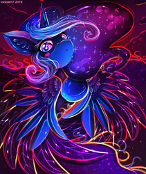 Size: 1575x1868 | Tagged: safe, artist:rocioam7, character:princess luna, species:alicorn, species:pony, blushing, color porn, colored feathertips, ethereal mane, female, flowing mane, galaxy mane, missing accessory, signature, solo, surreal, wingding eyes
