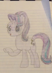 Size: 1189x1647 | Tagged: safe, artist:myoozik, derpibooru original, character:starlight glimmer, species:pony, species:unicorn, blue eyes, cutie mark, eyelashes, female, hair flip, horn, lined paper, mare, open mouth, photo, smiling, starlight glimmer day, traditional art