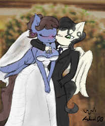 Size: 1000x1200 | Tagged: safe, artist:achmeddb, oc, oc only, oc:aced bracing, oc:blue violet, species:anthro, blushing, bride, chest fluff, clothing, couple, dress, ear fluff, eyes closed, kiss on the cheek, kissing, marriage, signature, sketch, soft color, tuxedo, viocing, wedding, wedding dress
