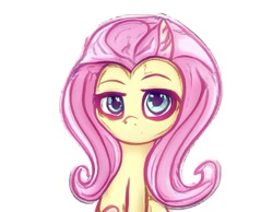 Size: 512x397 | Tagged: safe, ai model:aerial, machine learning generated, character:fluttershy, species:pony, artificial intelligence, bags under eyes, bust, female, lidded eyes, looking at you, mare, simple background, solo, tired, white background