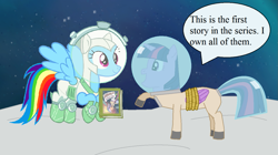 Size: 1371x770 | Tagged: safe, artist:guihercharly, character:daring do, character:rainbow dash, character:twilight sparkle, character:twilight sparkle (alicorn), species:alicorn, species:pony, spoiler:comic, astrodash, astronaut, book, caption, clothing, costume, helmet, image macro, rope, space, space suit, tail helmet, text
