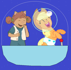 Size: 488x483 | Tagged: safe, artist:guihercharly, character:applejack, arthur, astrobaby, crossover, diaper, glass dome, helmet, laughing, space, space pod, spaceship, sue ellen armstrong