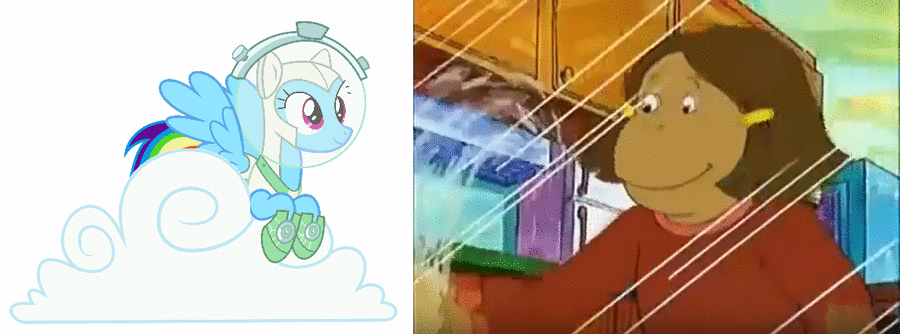 Size: 900x334 | Tagged: safe, artist:guihercharly, character:rainbow dash, animated, arthur, astrodash, astronaut, clothing, cloud, costume, crossover, excuse me what the fuck, francine frensky, gif, washing, wat, window
