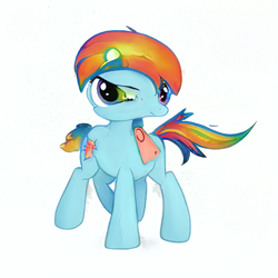 Size: 512x512 | Tagged: safe, ai model:aerial, machine learning generated, character:rainbow dash, species:pegasus, species:pony, abomination, female, nightmare fuel, simple background, solo, wat, white background