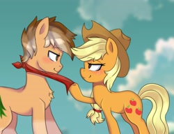 Size: 3906x3000 | Tagged: safe, artist:angelbeat-drift, artist:spackle, character:applejack, oc, oc:buck evergreen, species:earth pony, species:pony, bandana, bedroom eyes, blushing, canon x oc, clothing, cloud, collaboration, couple, cowboy hat, female, hat, hoof hold, looking at each other, male, mare, markings, ponytail, pulling, sky, smiling, stallion, wingding eyes