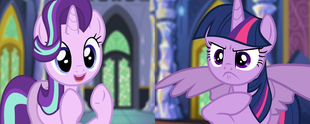 Size: 1000x400 | Tagged: safe, alternate version, artist:rabidpepper, derpibooru original, edit, character:starlight glimmer, character:twilight sparkle, character:twilight sparkle (alicorn), species:alicorn, species:pony, species:unicorn, :d, angry, animated, clapping, clapping ponies, cute, female, frown, glare, glimmerbetes, happy, hooves together, i can't believe it's not hasbro studios, madorable, mare, no, open mouth, reaction gif, reaction image, show accurate, slit throat gesture, smiling, spread wings, twiabetes, twilight's castle, underhoof, uvula, varying degrees of want, wings