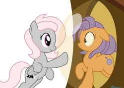 Size: 1390x990 | Tagged: safe, artist:darkstorm619, character:frying pan, oc, oc only, oc:violet, species:earth pony, species:pegasus, species:pony, bipedal, bipedal leaning, bubble, cute, duo, duo female, eye contact, female, floppy ears, frown, las pegasus resident, leaning, looking at each other, mare, ocbetes, one sided shipping, raised hoof, smiling, waifu machine, wide eyes