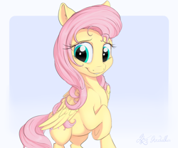 Size: 3000x2500 | Tagged: safe, artist:nobody47, character:fluttershy, species:pegasus, species:pony, cute, female, folded wings, high res, hooves to the chest, looking at you, mare, shyabetes, smiling, solo, stray strand, three quarter view, wings