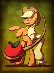 Size: 2017x2700 | Tagged: safe, artist:bigponymac, character:applejack, species:earth pony, species:pony, apple, applejack's hat, bipedal, clothing, cowboy hat, female, freckles, hat, lasso, mare, mouth hold, obligatory apple, one eye closed, rearing, rope, solo, wink