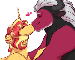 Size: 2000x1600 | Tagged: safe, artist:purplegrim40, character:lord tirek, character:sunset shimmer, species:centaur, species:pony, species:unicorn, alternate hairstyle, crack shipping, eyes closed, female, heart, kissing, male, nuzzling, shipping, simple background, straight, sunrek, white background