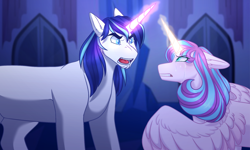 Size: 2000x1200 | Tagged: safe, artist:purplegrim40, character:princess flurry heart, character:shining armor, species:alicorn, species:pony, species:unicorn, angry, argument, crying, father and daughter, female, looking at each other, magic, male, mare, older, older flurry heart, open mouth, sad description, shining armor is a goddamn moron, stallion, story included, telekinesis, yelling