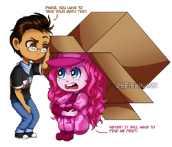 Size: 3500x3000 | Tagged: safe, artist:seishinann, commissioner:imperfectxiii, character:pinkie pie, oc, oc:copper plume, episode:pinkie spy, g4, my little pony: equestria girls, my little pony:equestria girls, camouflage, canon x oc, cardboard box, chibi, clothing, commission, copperpie, dialogue, female, freckles, glasses, hiding, male, neckerchief, pants, pink, reference, shirt, shoes, simple background, sitting, sneakers, solid snake, straight, transparent background, watermark