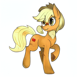 Size: 512x512 | Tagged: safe, ai model:aerial, machine learning generated, oc, oc only, oc:jacklyn apples, species:earth pony, species:pony, artificial intelligence, clone, female, mare, not applejack, raised hoof, scar, simple background, solo, white background