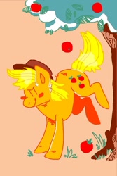 Size: 640x960 | Tagged: safe, artist:lynmunn, character:applejack, species:earth pony, species:pony, apple, apple tree, applebucking, blush sticker, blushing, doodle, female, food, mare, simple background, solo, tree