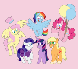 Size: 1280x1148 | Tagged: safe, artist:lynmunn, character:applejack, character:fluttershy, character:pinkie pie, character:rainbow dash, character:rarity, character:twilight sparkle, character:twilight sparkle (alicorn), species:alicorn, species:pony, balloon, butterfly, floating, happy, mane six, rope, simple background, then watch her balloons lift her up to the sky