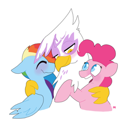 Size: 2448x2448 | Tagged: safe, artist:lynmunn, character:gilda, character:pinkie pie, character:rainbow dash, ship:gildapie, ship:gildash, ship:pinkiedash, blushing, female, gilda gets all the mares, gildashpie, happy, interspecies, lesbian, ot3, pinkiegildash, polyamory, shipping, simple background, trio, white background