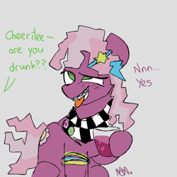 Size: 1000x1000 | Tagged: safe, artist:lynmunn, character:cheerilee, 80s, 80s cheerilee, alcohol, braces, drinking, drunk, drunk cheerilee, female, offscreen character, simple background, solo, text, tongue out, younger