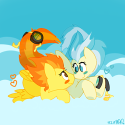 Size: 1000x1000 | Tagged: safe, artist:lynmunn, character:misty fly, character:spitfire, species:pegasus, species:pony, blushing, cloud, goggles, heart, shipping, spitfly