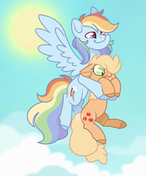 Size: 901x1081 | Tagged: safe, artist:foxysparkle, character:applejack, character:rainbow dash, species:earth pony, species:pegasus, species:pony, ship:appledash, cloud, colored hooves, female, flying, holding a pony, lesbian, mare, missing accessory, scared, shipping, sky, unshorn fetlocks, wings