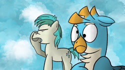Size: 1915x1069 | Tagged: safe, artist:nightfueled, character:gallus, character:sandbar, species:griffon, species:pony, ship:gallbar, gay, male, screaming, shipping, shout