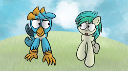 Size: 1915x1069 | Tagged: safe, artist:nightfueled, character:gallus, character:sandbar, species:griffon, species:pony, ship:gallbar, gay, looking at each other, male, running, shipping