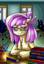 Size: 790x1150 | Tagged: safe, artist:captainofhopes, oc, oc:vanilla swirl, species:earth pony, species:pony, 3:, book, chair, cheek fluff, chest fluff, colored ears, cup, desk, ear feathers, ear fluff, empty eyes, eyelashes, female, fluffy, frown, glare, glasses, hoof fluff, lidded eyes, looking at you, mare, no catchlights, no pupils, pencil, signature, text, unshorn fetlocks, wavy mouth