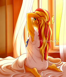 Size: 3000x3500 | Tagged: safe, artist:seishinann, character:sunset shimmer, my little pony:equestria girls, arm behind head, barefoot, clothing, cute, feet, female, good morning, implied flashimmer, implied shipping, implied straight, kneeling, looking at you, looking back, looking back at you, looking over shoulder, morning, see-through, sexy, shimmerbetes, shirt, solo, stupid sexy sunset shimmer