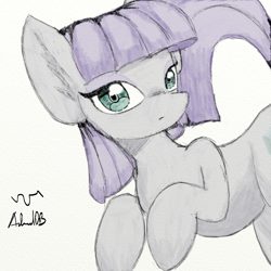 Size: 1000x1000 | Tagged: safe, artist:achmeddb, character:maud pie, species:earth pony, species:pony, female, looking at you, mare, pale color, signature, simple background, soft color, solo, white background