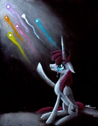 Size: 1681x2171 | Tagged: safe, artist:brogararts, oc, oc:fausticorn, species:alicorn, species:pony, bittersweet, black background, crying, emotional, end of ponies, farewell, feels, implied mane six, light, looking up, sad, shooting star, signature, simple background, smiling, the end, traditional art, tragic, waving