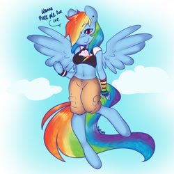 Size: 1024x1024 | Tagged: safe, artist:yuuri, character:rainbow dash, species:anthro, species:unguligrade anthro, belly button, female, flying, hair over one eye, midriff, sky, solo
