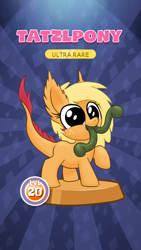 Size: 1440x2560 | Tagged: safe, artist:stewart501st, part of a set, character:applejack, abstract background, cute, ear fluff, fake, faker than a three dollar bill, female, jackabetes, looking at you, miss pie's monsters, monster pony, multiple tongues, no iris, open mouth, original species, pocket ponies, pocket pony, raised hoof, smiling, solo, species swap, sunburst background, tatzljack, tatzlpony, tongue out