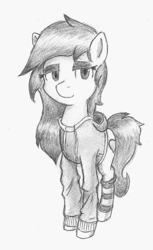 Size: 852x1390 | Tagged: safe, artist:spackle, oc, oc only, oc:ponepony, species:earth pony, species:pony, clothing, eyeshadow, female, hoodie, lidded eyes, makeup, mare, monochrome, smiling, socks, striped socks, traditional art