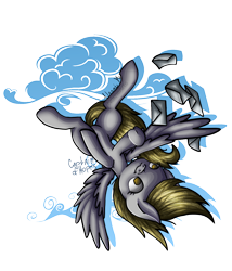 Size: 1500x1750 | Tagged: safe, artist:captainofhopes, artist:nomearts, character:derpy hooves, species:pegasus, species:pony, cloud, female, letter, signature, simple background, solo, transparent background, upside down