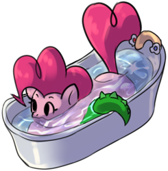 Size: 460x470 | Tagged: safe, artist:renka2802, character:gummy, character:pinkie pie, species:earth pony, species:pony, alligator, bath, bathtub, beady eyes, cute, diapinkes, duo, female, mare, pet, simple background, transparent background, water