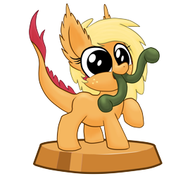 Size: 7087x7087 | Tagged: safe, artist:stewart501st, part of a set, character:applejack, absurd resolution, cute, ear fluff, fake, faker than a three dollar bill, female, jackabetes, looking at you, miss pie's monsters, monster pony, multiple tongues, no iris, open mouth, original species, pocket ponies, pocket pony, raised hoof, simple background, smiling, solo, species swap, tatzljack, tatzlpony, tongue out, transparent background