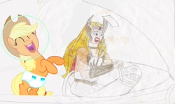 Size: 1254x748 | Tagged: safe, artist:guihercharly, character:applejack, astrobaby, astrojack, astronaut, crossover, diaper, drawing, glass dome, helmet, laughing, she-ra, she-ra princess of power, space car, spaceship, the jetsons, wat