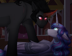 Size: 2800x2200 | Tagged: safe, artist:purplegrim40, character:king sombra, character:princess flurry heart, species:alicorn, species:pony, species:unicorn, bandage, female, glowing eyes, looking at each other, older, older flurry heart