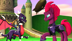 Size: 3840x2160 | Tagged: safe, artist:jachau, character:tempest shadow, species:dragon, species:pony, species:unicorn, my little pony: the movie (2017), 3d, airship, armor, broken horn, crossover, cynder, dragoness, female, hoof shoes, horn, mare, photoshop, source filmmaker, spyro the dragon